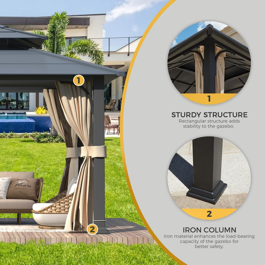YOLENY 12'x 14' Gazebo with Galvanized Steel Roof, Double Roof Design with Anti-Rust Coating, Outdoor Gazebos with Curtains and Netting, Sunshade for Gardens, Lawns, Deck