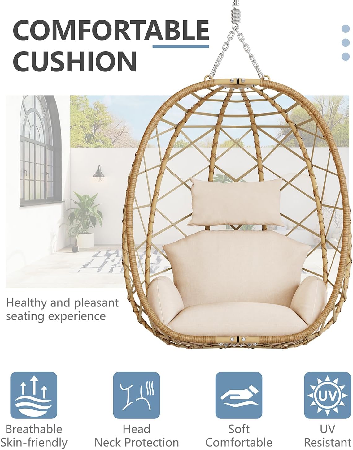 SWITTE Hanging Egg Chair with Stand, Outdoor Indoor Rattan Wicker Egg Swing Chair with Cushion, Heavy Duty Patio Hammock Chairs for Garden Backyard Balcony Bedroom, 400LBS Capacity, Cream