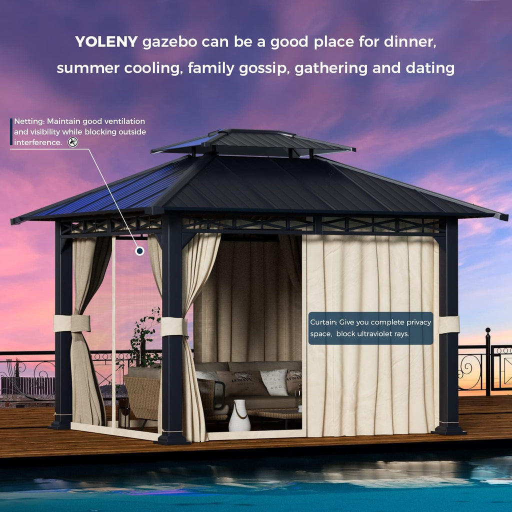YOLENY 10' x 12' Gazebo with Galvanized Steel Roof, Double Roof with Anti-Rust Coating, Outdoor Gazebos with Curtains and Netting, Sunshade for Gardens, Lawns, Deck
