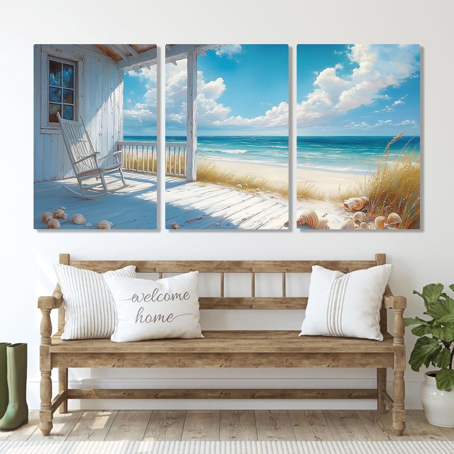 Sutanun 3-Piece Beach Canvas Wall Art – Rocking Chair Porch with Ocean View – Coastal Nautical Wall Décor for Living Room, Bedroom, Office (24' x 36' x 3 pcs)