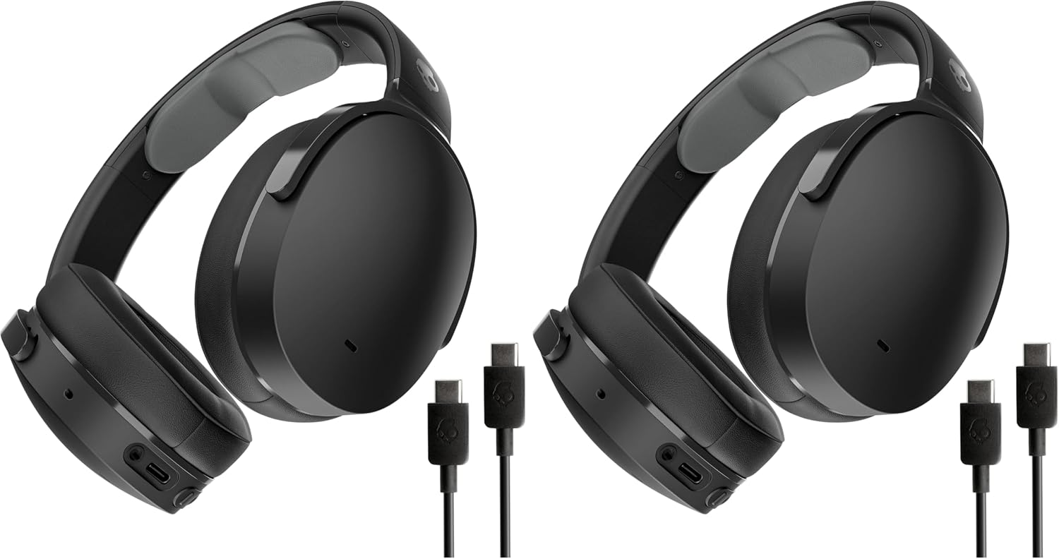 Skullcandy Hesh ANC Wireless Over-Ear Bluetooth Headphones-Extra USB-C Charging Cable,Active NoiseCanceling,22 Hrs Battery,Foldable Lightweight Design, Microphone iPhone Android-True Black(Pack of 2)