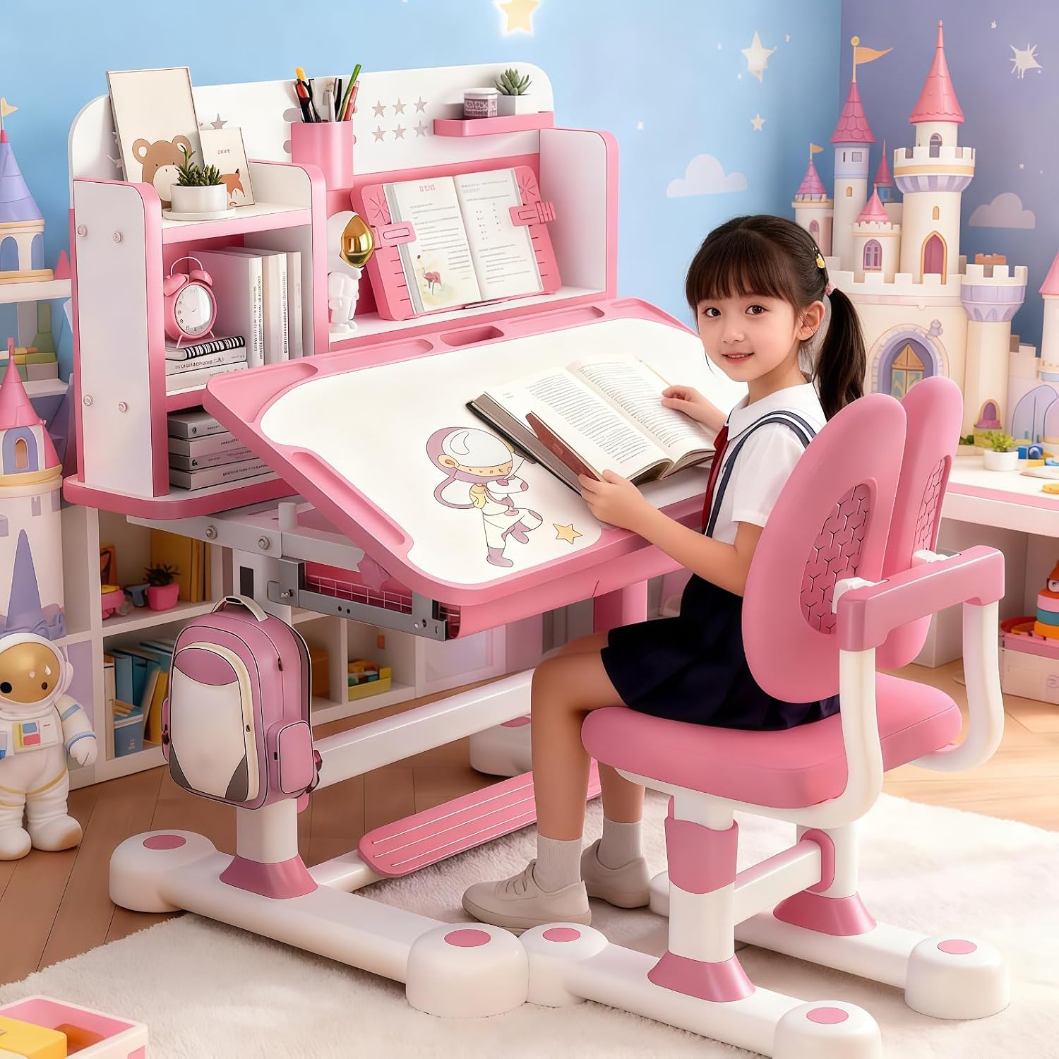 Kids Desk and Chair Set, Ergonomic Height Adjustable Kids Desk with Cartoon Pattern, Widened and Tilt Desktop, Book Stand, Steel Hook and Storage Drawer for Boys & Girls 3+ (Pink 1)
