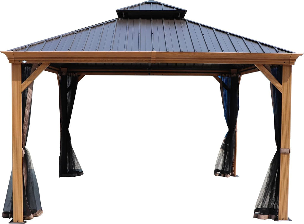 Kozyard Apollo 12'x12' Hardtop Gazebo, Wooden Coated Aluminum Frame Canopy with Galvanized Steel Double Roof, Outdoor Permanent Metal Pavilion with Netting for Patio, Deck and Lawn (12ft x 12ft)