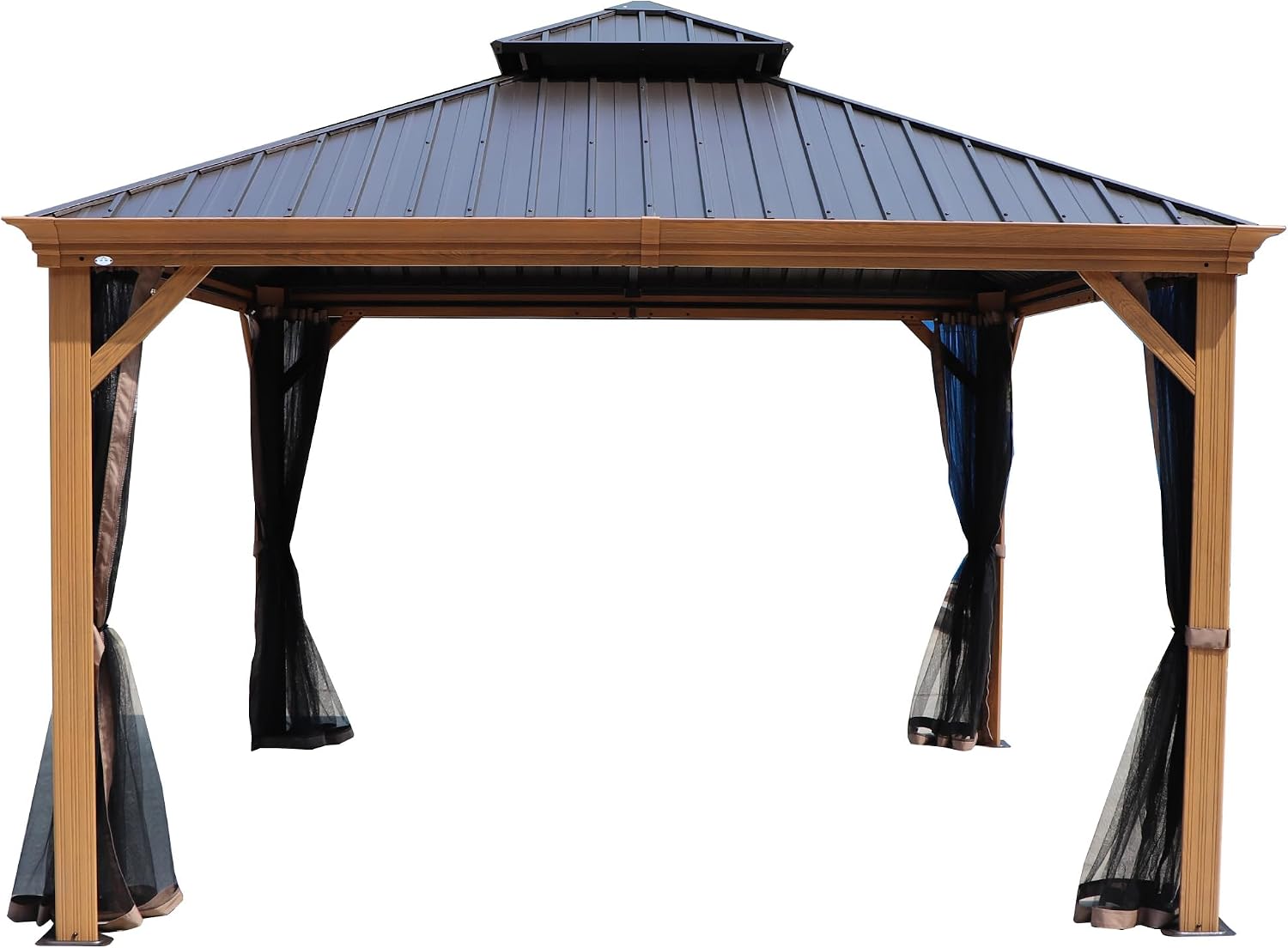 Kozyard Apollo 12'x12' Hardtop Gazebo, Wooden Coated Aluminum Frame Canopy with Galvanized Steel Double Roof, Outdoor Permanent Metal Pavilion with Netting for Patio, Deck and Lawn (12ft x 12ft)