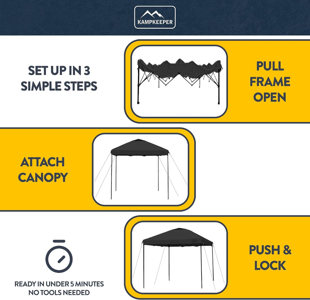KAMPKEEPER 10x10 Pop-Up Canopy Tent, Waterproof, Portable Shade with Side Walls, Adjustable Instant Outdoor Shelter for Camping, Backyard, and Events, Black