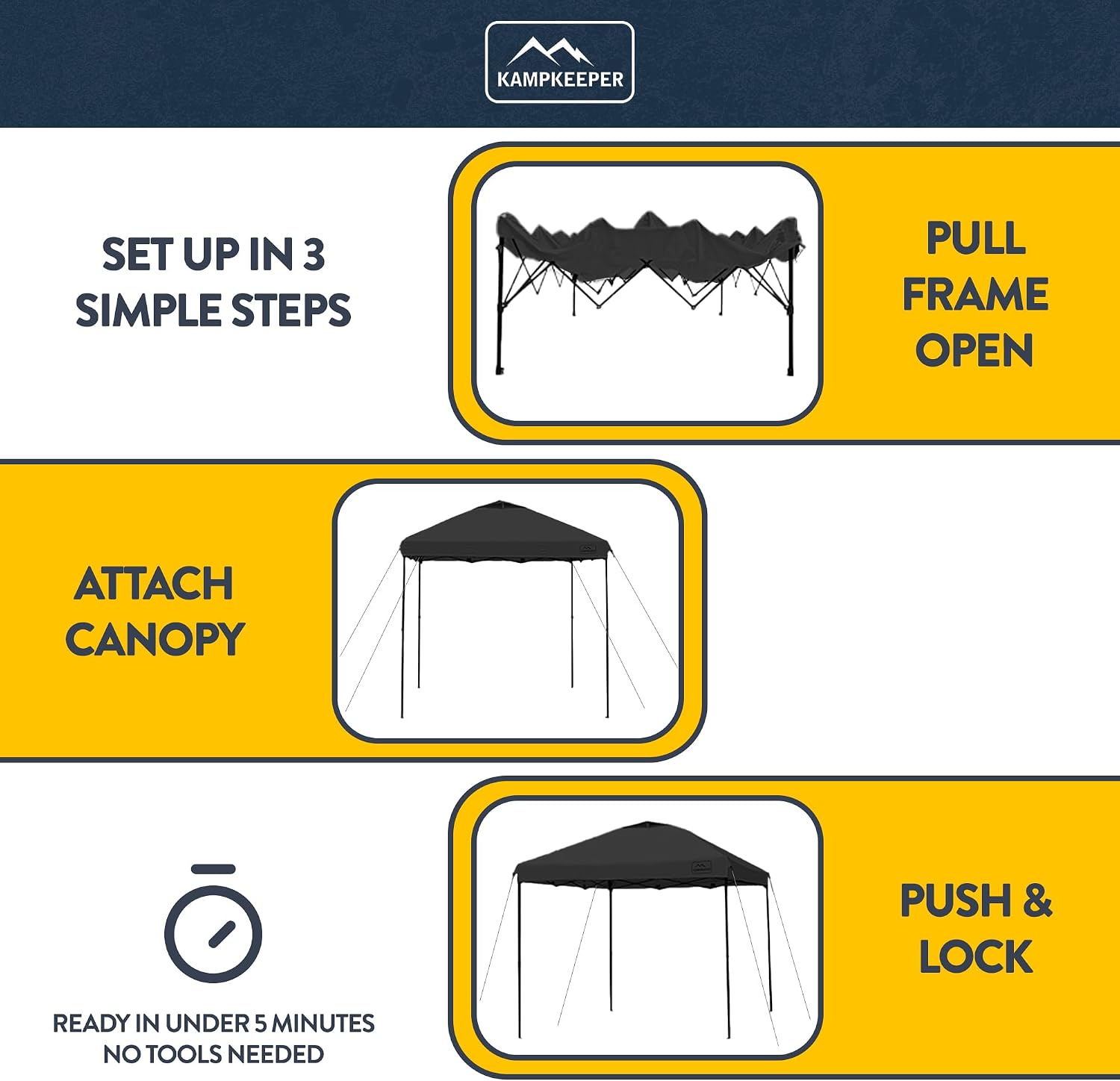 KAMPKEEPER 10x10 Pop-Up Canopy Tent, Waterproof, Portable Shade with Side Walls, Adjustable Instant Outdoor Shelter for Camping, Backyard, and Events, Black