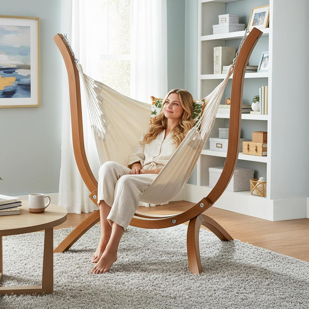 Oncloud Boho Hanging Chair Set - Modern Boho Swing Hammock Chair with Stand for Relax, Stylish Indoor Outdoor Hammock Chair with Stand, 330 LBS, Natural (Natural)