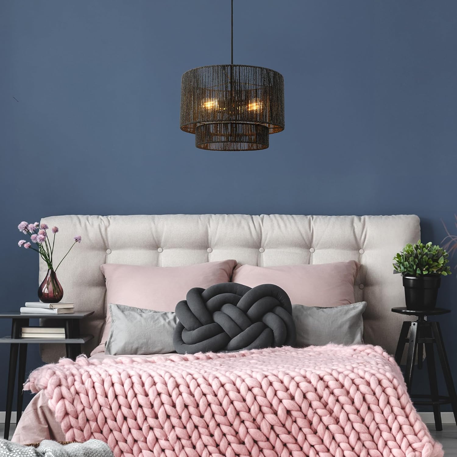 Globe Electric 67000102 2-Light Pendant Light Fixture, Matte Black, Paper Twine Shade, Braided Fabric Cord, Kitchen Island Lighting, Living Room Pendant Light, Hanging Lights for Bedroom