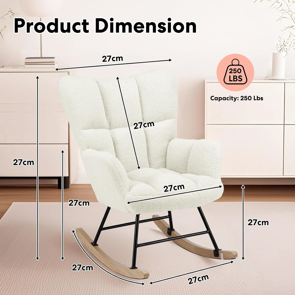 HealSmart Nursery Rocking Chair Teddy - Upholstered Comfy Glider Rocker with High Back Armchair, Cozy Reading Recliner Fluffy Comfortable Chair for Bedroom, Baby Room, Living Room and Study, Beige