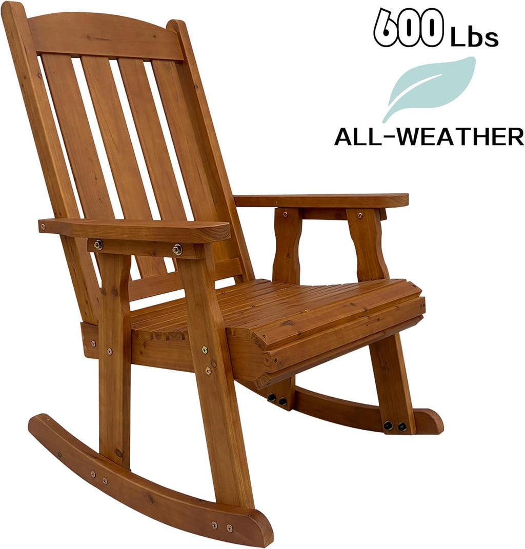 Wooden Patio Rocking Chair with Comfortable Backrest Inclination, High Backrest and Deep Contoured Seat, Solid Fir Wood, Heavy Duty 600 LBS, for Both Outdoor and Indoor (Natural)