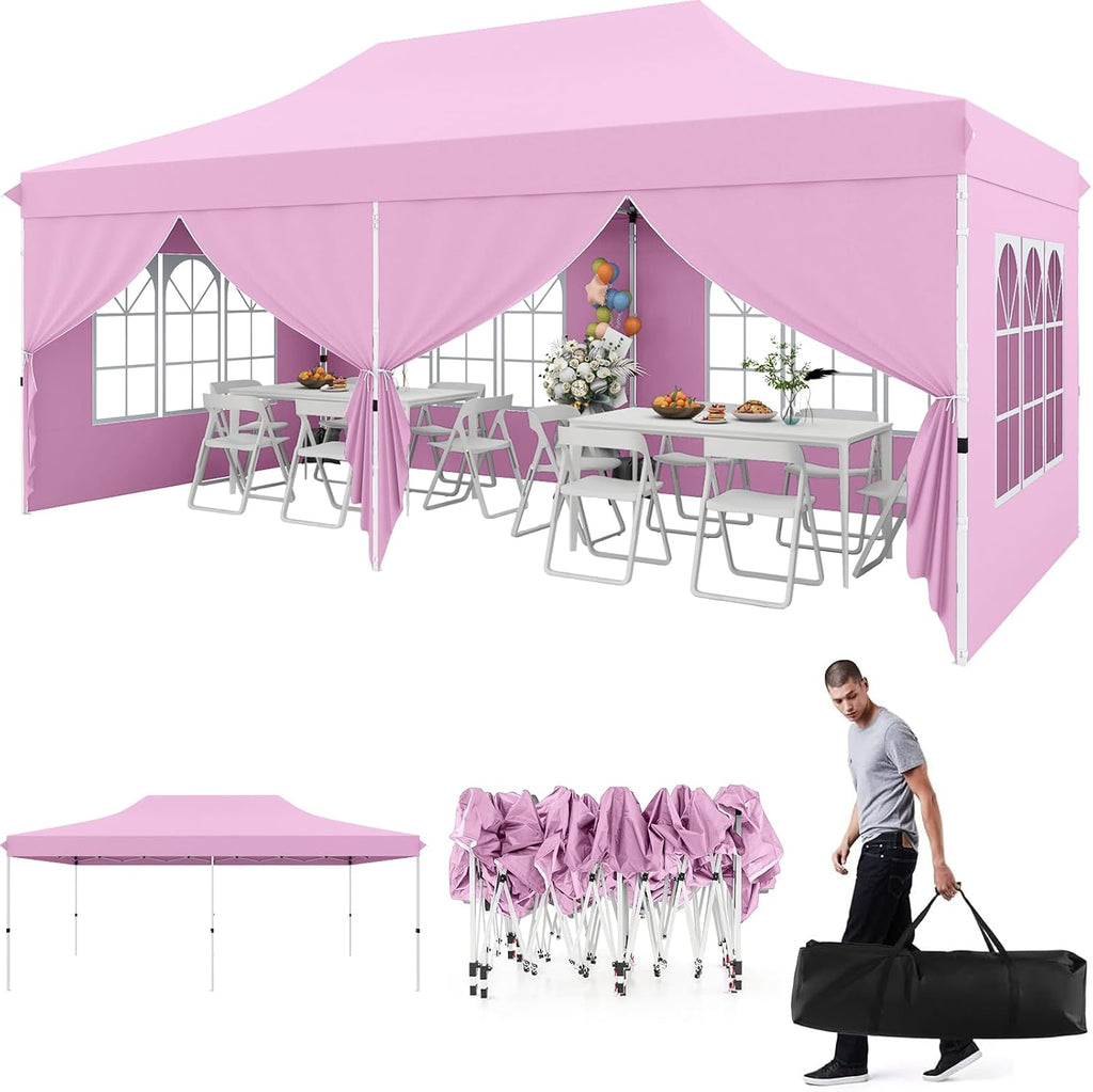 HAPPYGRILL 10x20 Pop Up Canopy Tent with Detachable Sidewalls, Waterproof UPF 50+ Outdoor Instant Gazebo Shelter with Carry Bag for Party Wedding Patio Garden, Pink