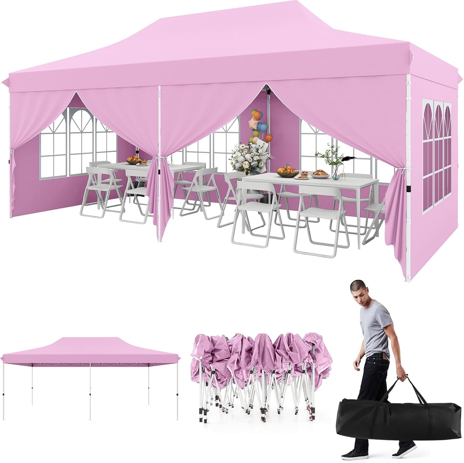 HAPPYGRILL 10x20 Pop Up Canopy Tent with Detachable Sidewalls, Waterproof UPF 50+ Outdoor Instant Gazebo Shelter with Carry Bag for Party Wedding Patio Garden, Pink