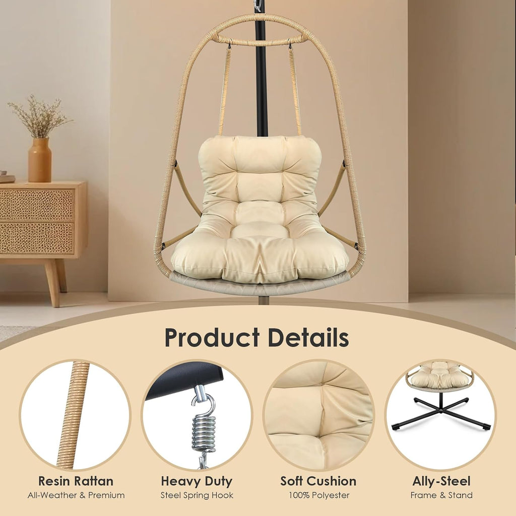 JESE Swing Egg Chair Foldable Frame Hanging Chairs, UV Resistant Waterproof Cushion and Cup Holder,Swing Hammock Chairs for Patio,Bedroom,Balcony, Garden-350lbs, Stand Included, Brown