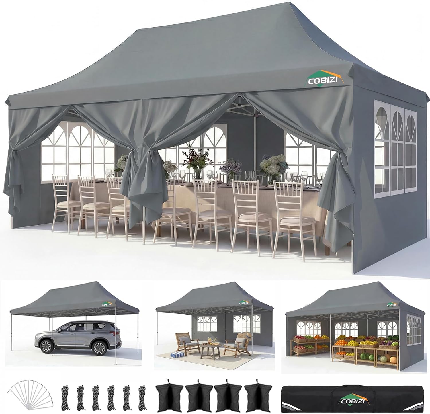 COBIZI 10x20 Pop Up Canopy with 6 Sidewalls, Conical Party Tent 10x20 with 3 Adjustable Height Waterproof, UV-Resistant with Carry Bag, Sandbag, Stake, Ropes for Parties, Commercial (Frame Upgraded)