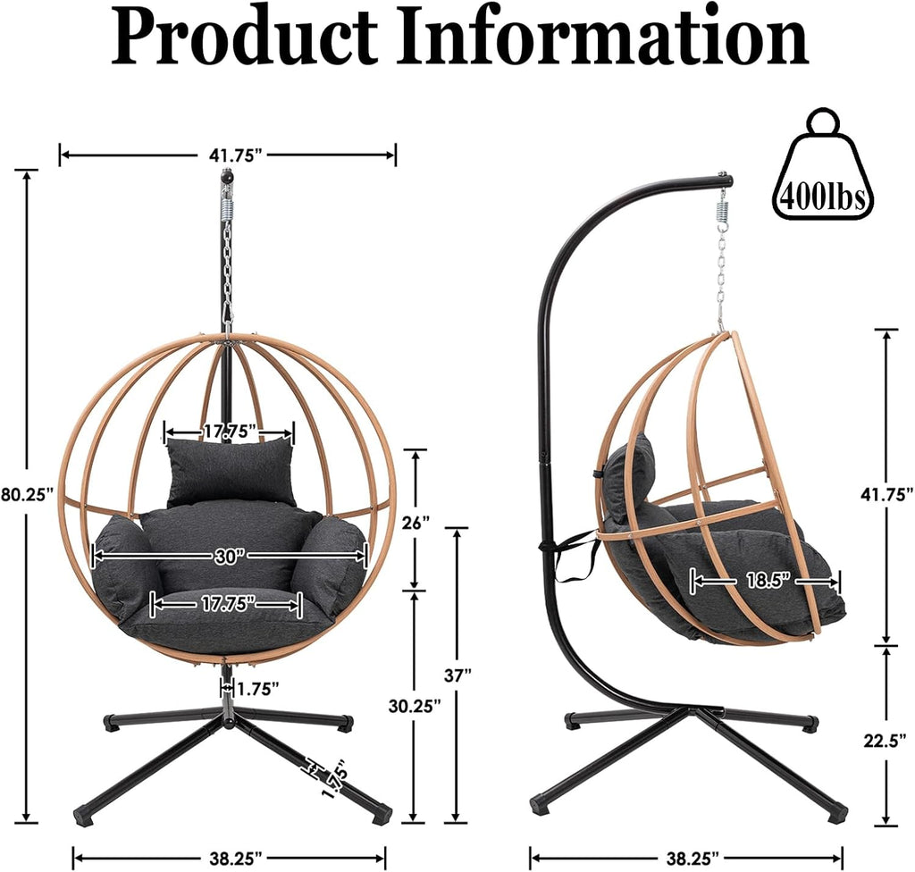 Hanging Egg Chair with Stand, Egg Swing Chair Outdoor for Balcony, Patio Hanging Egg Chairs with Cushions for Relaxation in Bedrooms, Gardens, Black