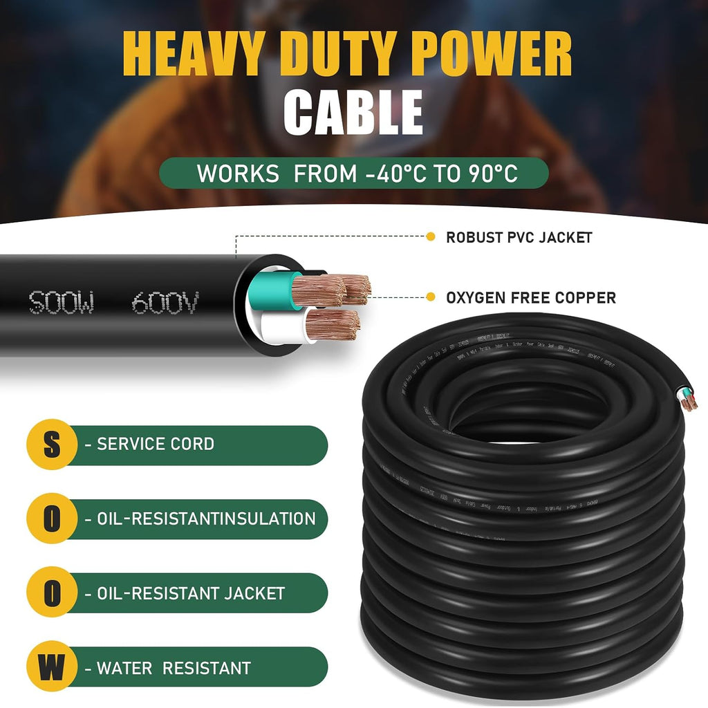 75ft 6/4 6 AWG Portable Power SOOW Cable (4 Conductor) - 600V 6 Gauge Electric SOOW Wire for Welder, Generator, Portable Lights, Circuits, RV/EV Car Chargers, Machinery - 75 Feet Electrical Cord
