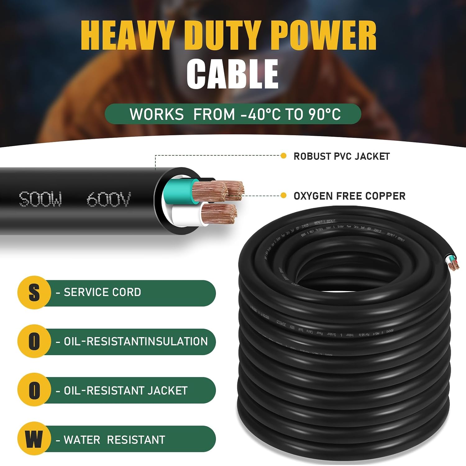75ft 6/4 6 AWG Portable Power SOOW Cable (4 Conductor) - 600V 6 Gauge Electric SOOW Wire for Welder, Generator, Portable Lights, Circuits, RV/EV Car Chargers, Machinery - 75 Feet Electrical Cord