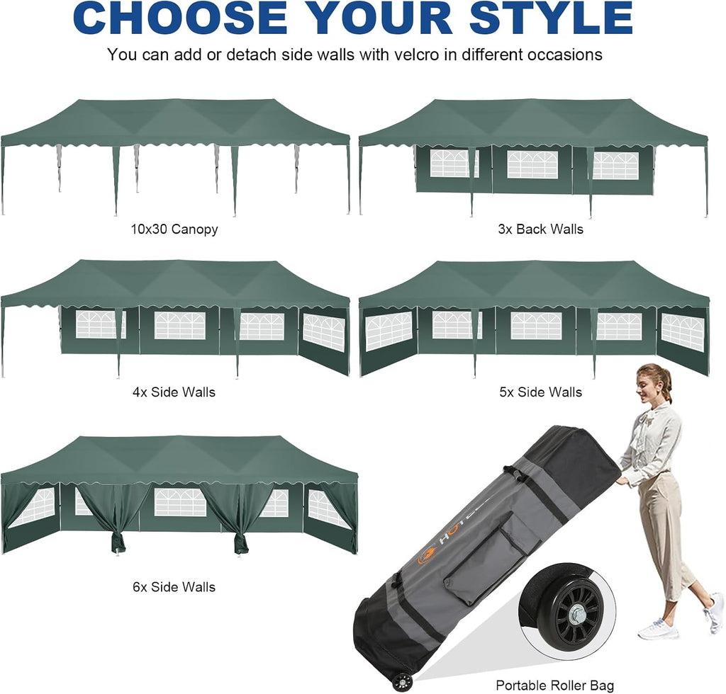 HOTEEL 10x30 Pop Up Canopy with 8 Sidewalls, Easy Setup Party Tent with Weight Bags, Wheeled Bag, Waterproof Event Shelter with Extra Roof Height for Backyard, Wedding (Green Gray)