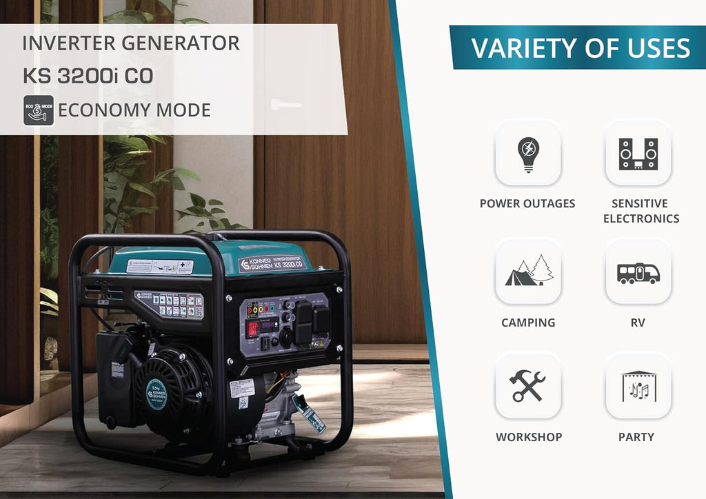 Konner&Sohnen Gas Inverter Generator - 3200 Watts, 230V, Lightweight and Portable, with CO Sensor and Fuel-Efficient technology (German brand, model: KS 3200i CO)