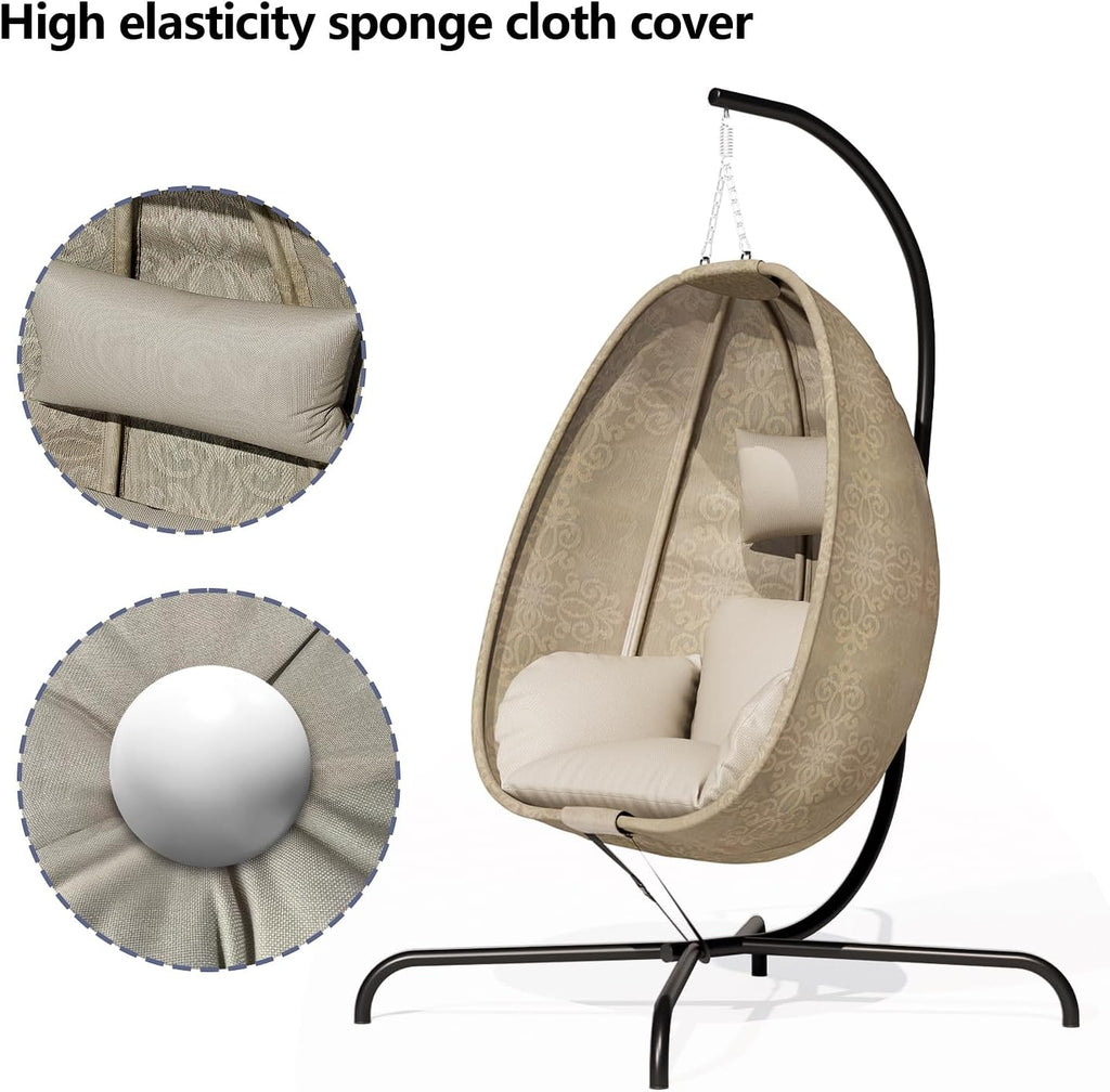 ALAULM Foldable Egg Chair with Stand, 485LBS Capacity Textilene Hammock Swing Chair for Outdoor & Indoor, Patio Hanging Chair with Strong Frame & UV Resistant Cushion for Balcony, Bedroom, Cream/D1