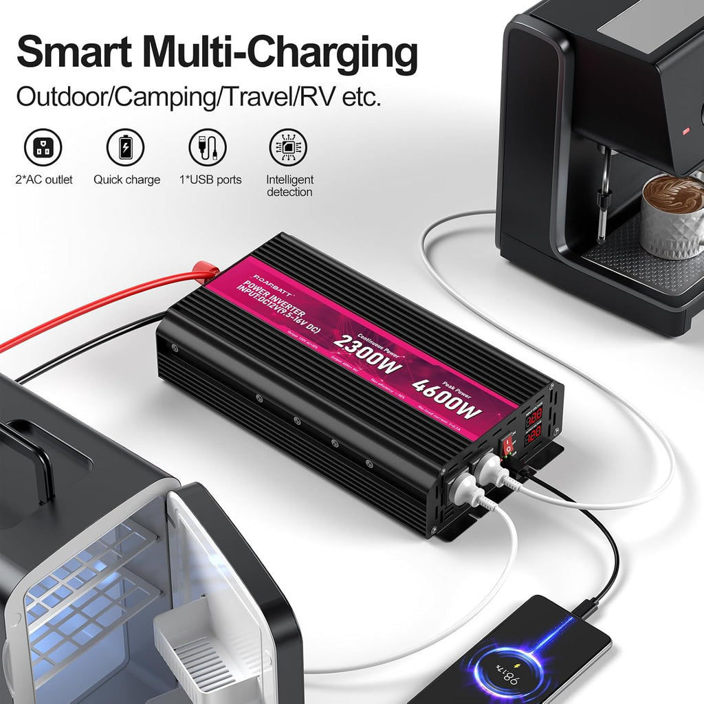 2300W Power Inverter,12V DC to AC 110V120V Peak Power 4600W with 2AC Outlets and 2.4USB Port,LCD Display Car Inverter for Power Converter Outdoor Activities,Emergency,Vehicles Truck RV Solar System