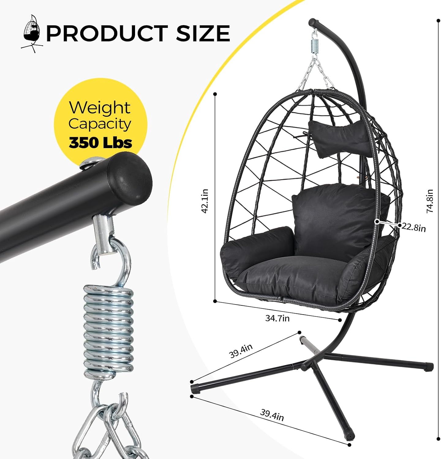 Egg Chair with Stand, Wicker Hanging Chair for Outdoor Patio, Cushioned Hammock Swing for Bedroom Garden Indoor/Outdoor, Double-Zipper Structure Hanging Egg Chair (Black and Black)