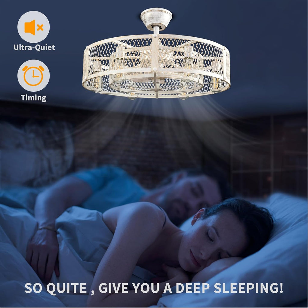 Depuley Outdoor Ceiling Fan with Light: 26' Caged Ceiling Fans with Remote Control for Patio Kitchen Bedroom - Farmhouse Fandelier Flush Mount Lights Fixture Reversible 6 Speed Timer Cement