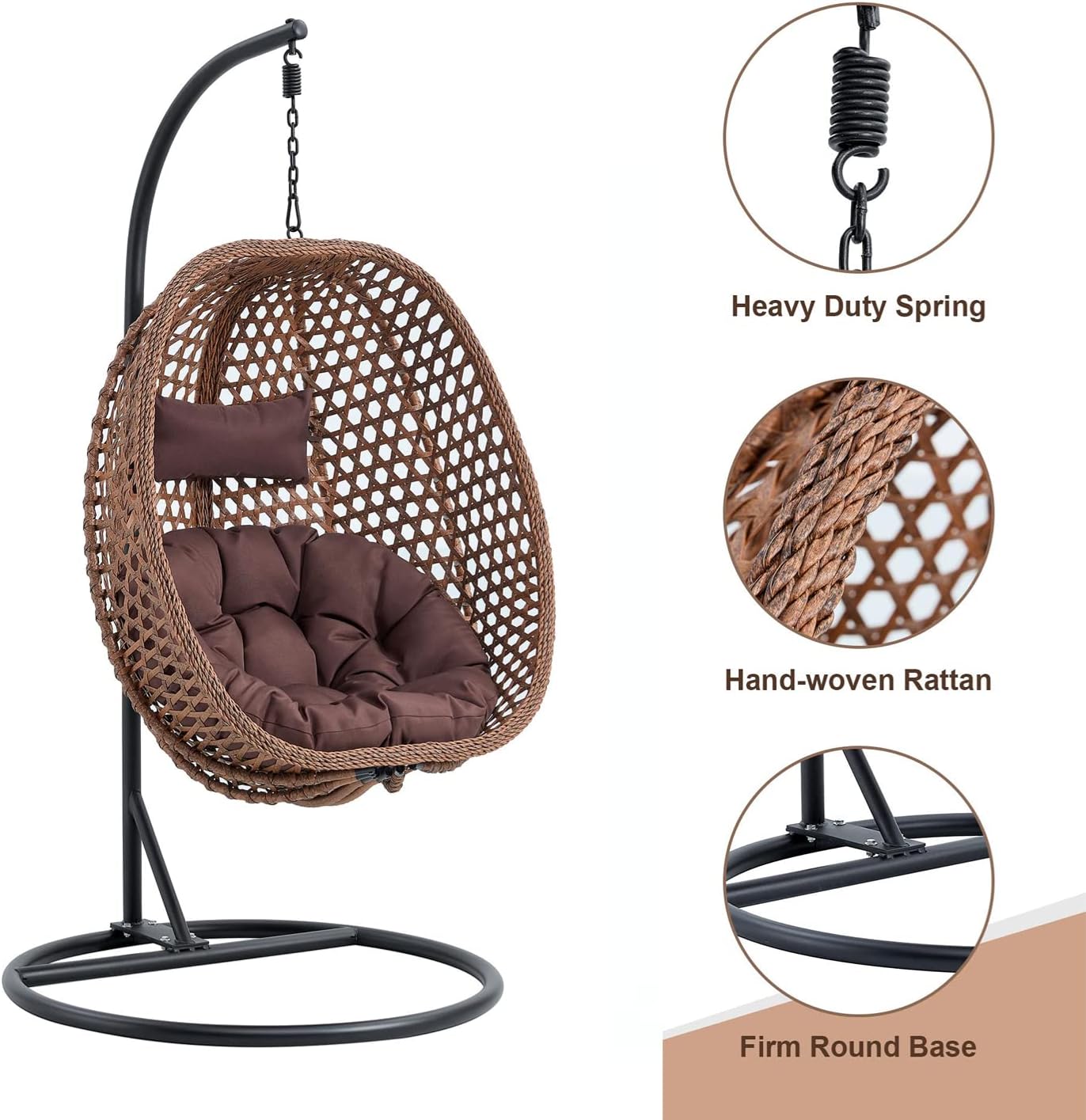 LKTART Egg Swing Chair with Stand Rattan Hanging Egg Chair with Cushions and Pillow Relaxing Chair Foldable Basket & Metal Stand Indoors or Outside