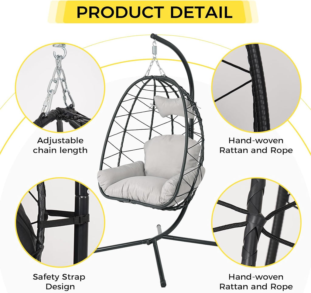 Egg Chair with Stand, Wicker Hanging Chair for Outdoor Patio, Cushioned Hammock Swing for Bedroom Garden Indoor/Outdoor, Double-Zipper Structure Hanging Egg Chair (Black Frame and Light Gray)