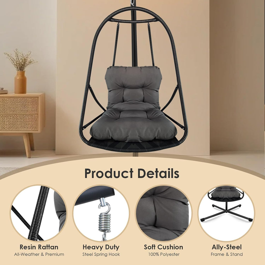 JESE Swing Egg Chair Without Stand Foldable Frame Hanging Chairs for Indoor Outside,with UV Resistant Waterproof Cushion&Cup Holder,Swing Hammock Chair for Patio,Bedroom,Balcony,Garden,Backyard,Black