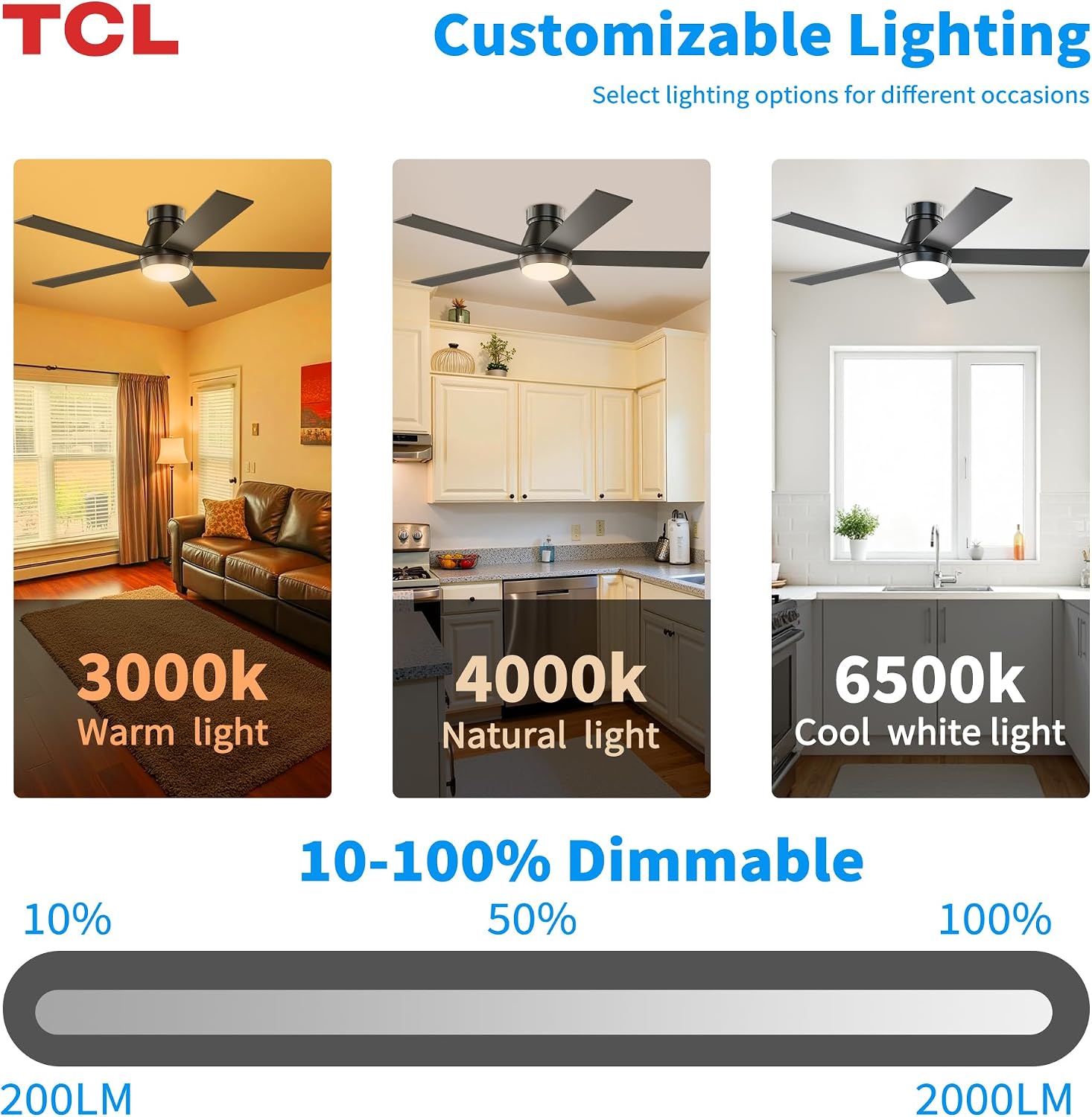 TCL 52' Black Ceiling Fan with Light and Remote, Modern LED 3-Color, 3CCT, Quiet Motor for Bedroom, Living Room, Dining Room, Ceiling Fans with Lights (Black)