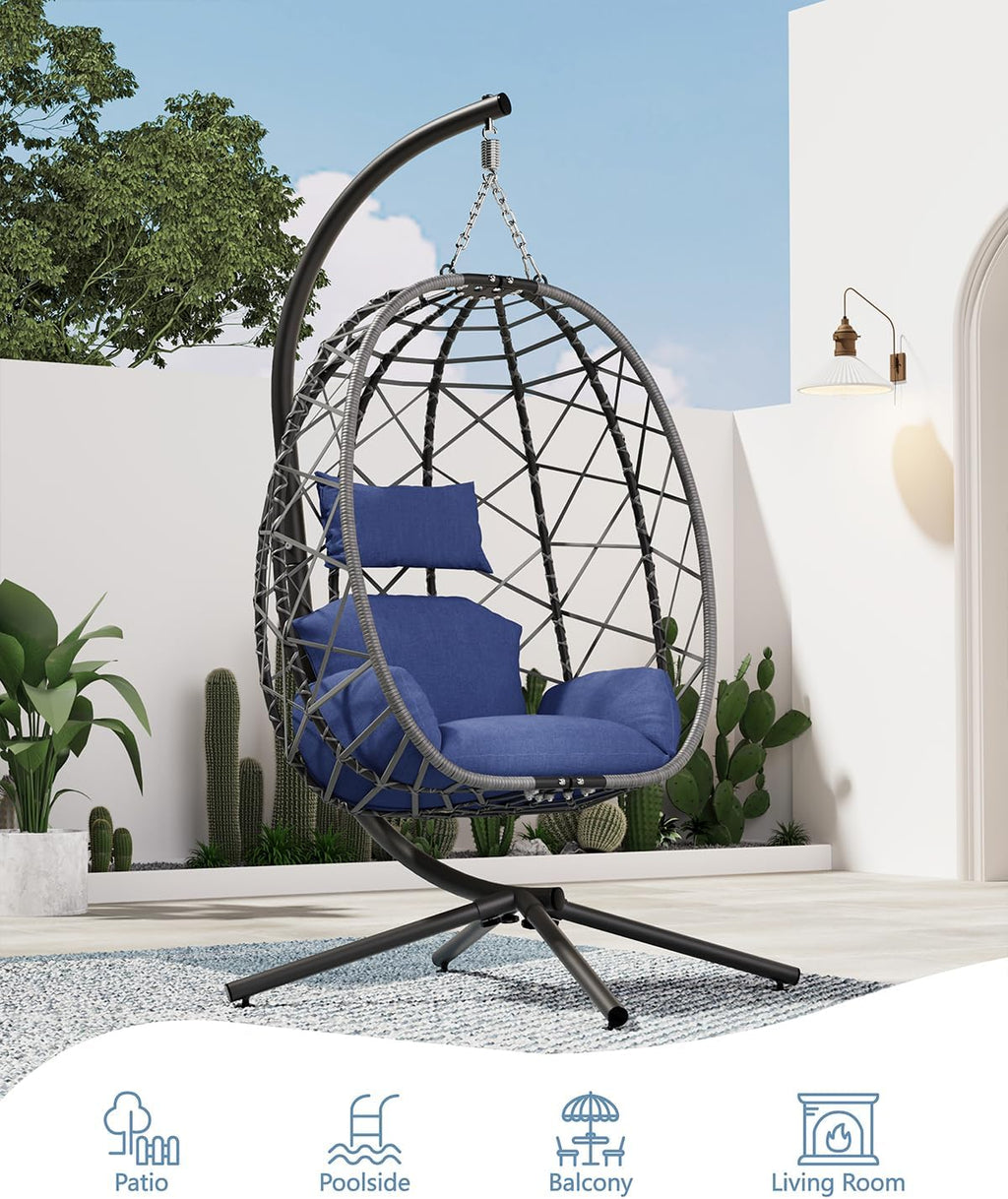SWITTE Hanging Egg Chair with Stand, Outdoor Indoor Rattan Wicker Egg Swing Chair with Cushion, Heavy Duty Patio Hammock Chairs for Garden Backyard Balcony Bedroom, 400LBS Capacity, Dark Blue