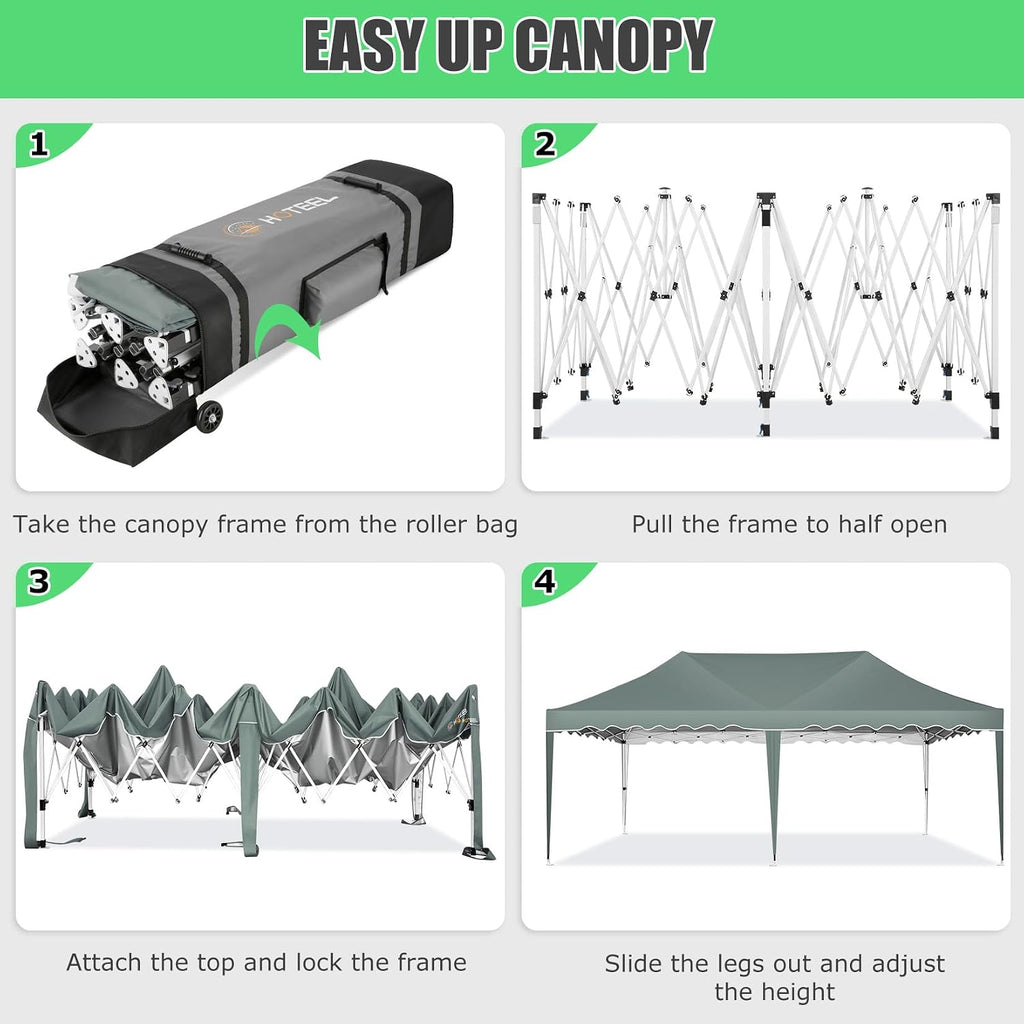 HOTEEL 10x20 Pop up Canopy Tent Without Sidewall Easy Up Commercial Outdoor Wedding Party Tents for Parties All Season Wind & Waterproof Gazebo Roller Bag, Gray
