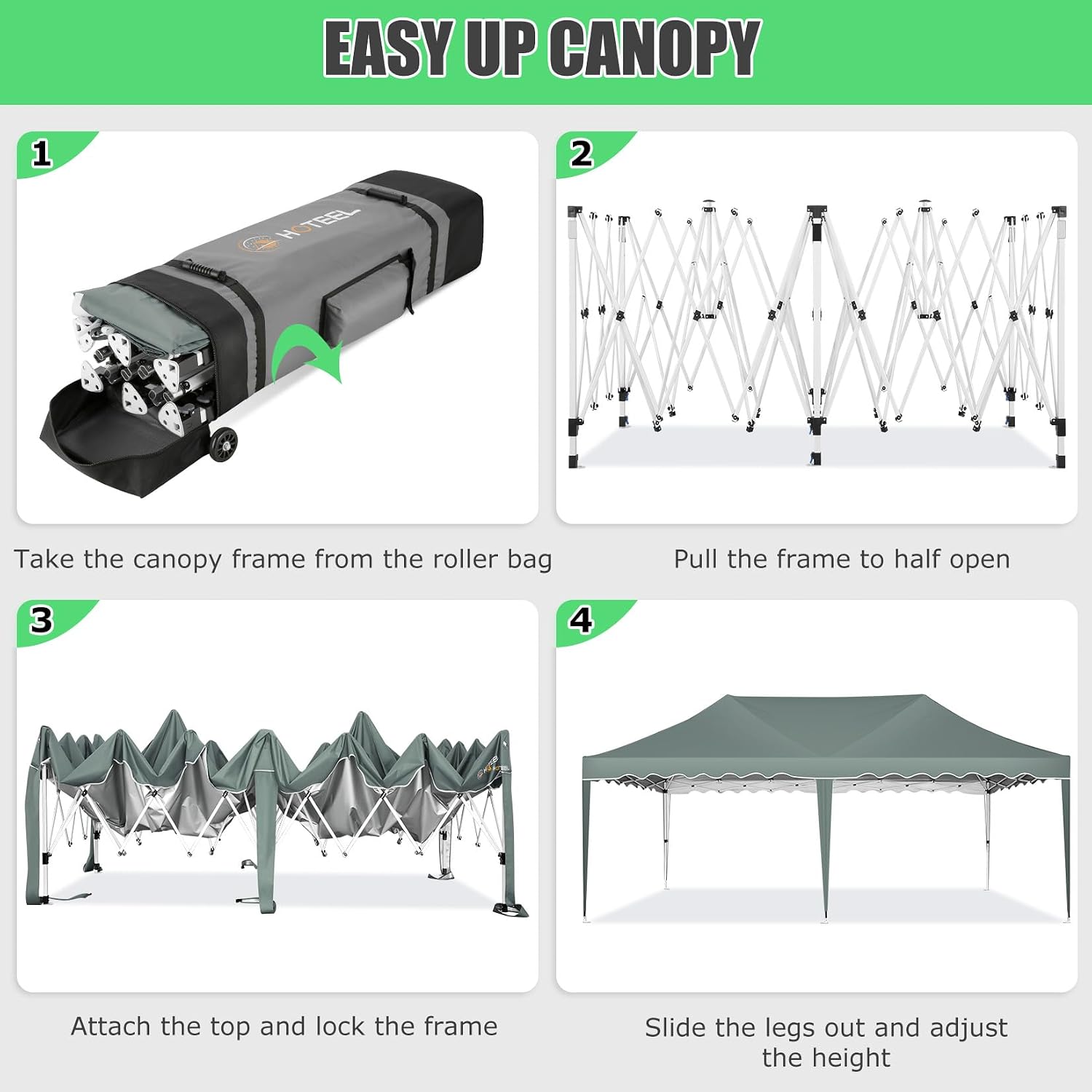 HOTEEL 10x20 Pop up Canopy Tent Without Sidewall Easy Up Commercial Outdoor Wedding Party Tents for Parties All Season Wind & Waterproof Gazebo Roller Bag, Gray