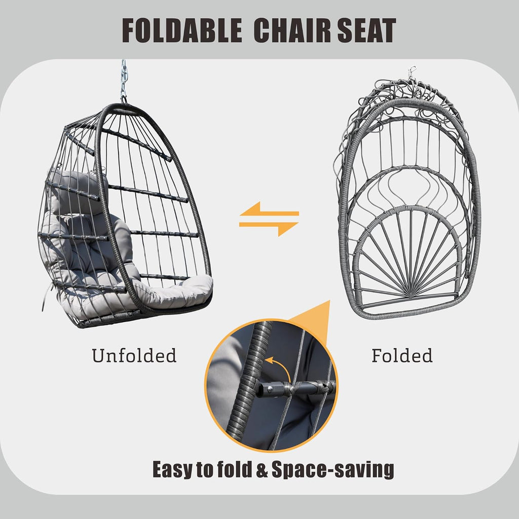 HWB Hanging Egg Chair with Stand, Patio Wicker Egg Swing Chair with Cushion for Bedroom Garden Indoor Outdoor (Grey)