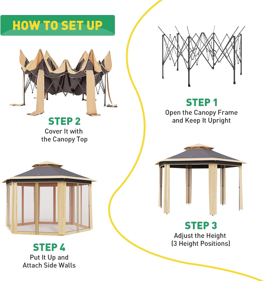 13' x 13' Pop-Up Gazebo Canopy Tent with Zippered Mesh Sidewalls and Carrying Bag, Event Tent Shelter for Patio Garden Backyard, Khaki and Beige