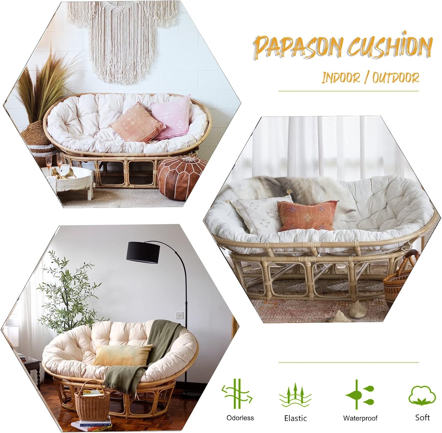Large Double Papasan Chair Cushion, Outdoor Waterproof Hanging/Egg/Swing/Hammock Chair Cushions Thicken Comfortable Soft Garden Chair Pad Indoor Room Decoration,Waterproof Black,65 * 45 in