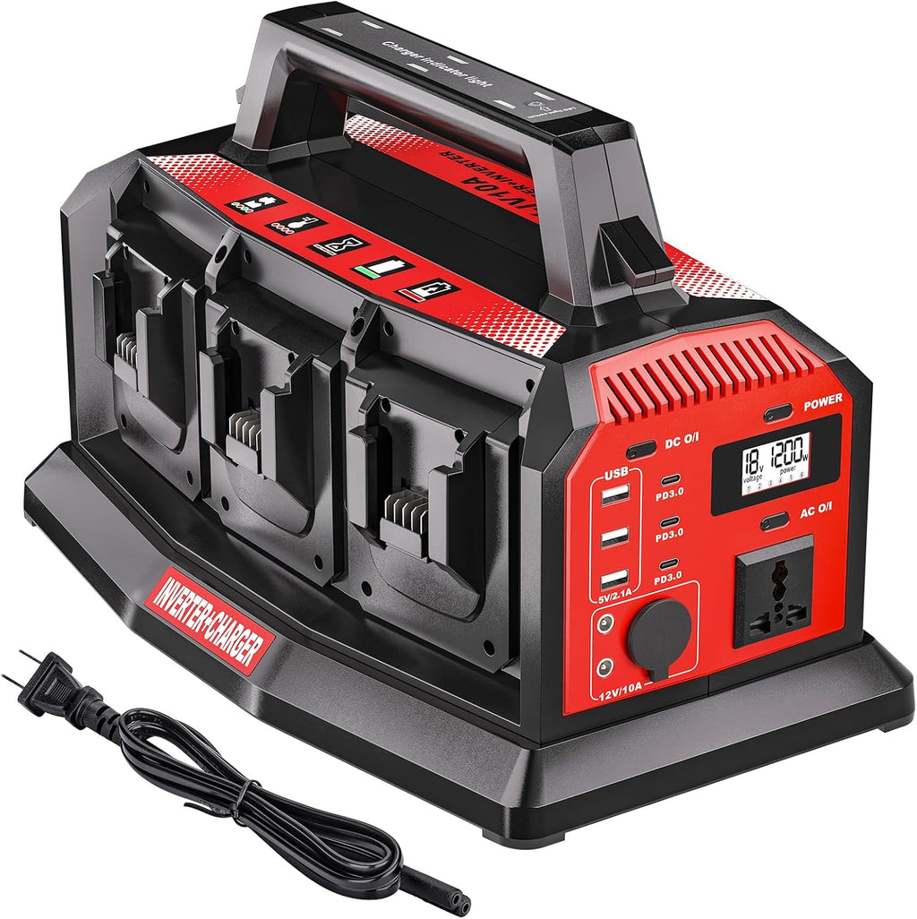 Adisipsoarin 1200W Power Inverter & 6A Rapid Charger for Milwaukee M18 18V Battery – 6-Port DC to AC 120V Converter, 3 USB-A + 3 USB-C, LED Light for Camping, Travel, Emergencies(Battery not included)