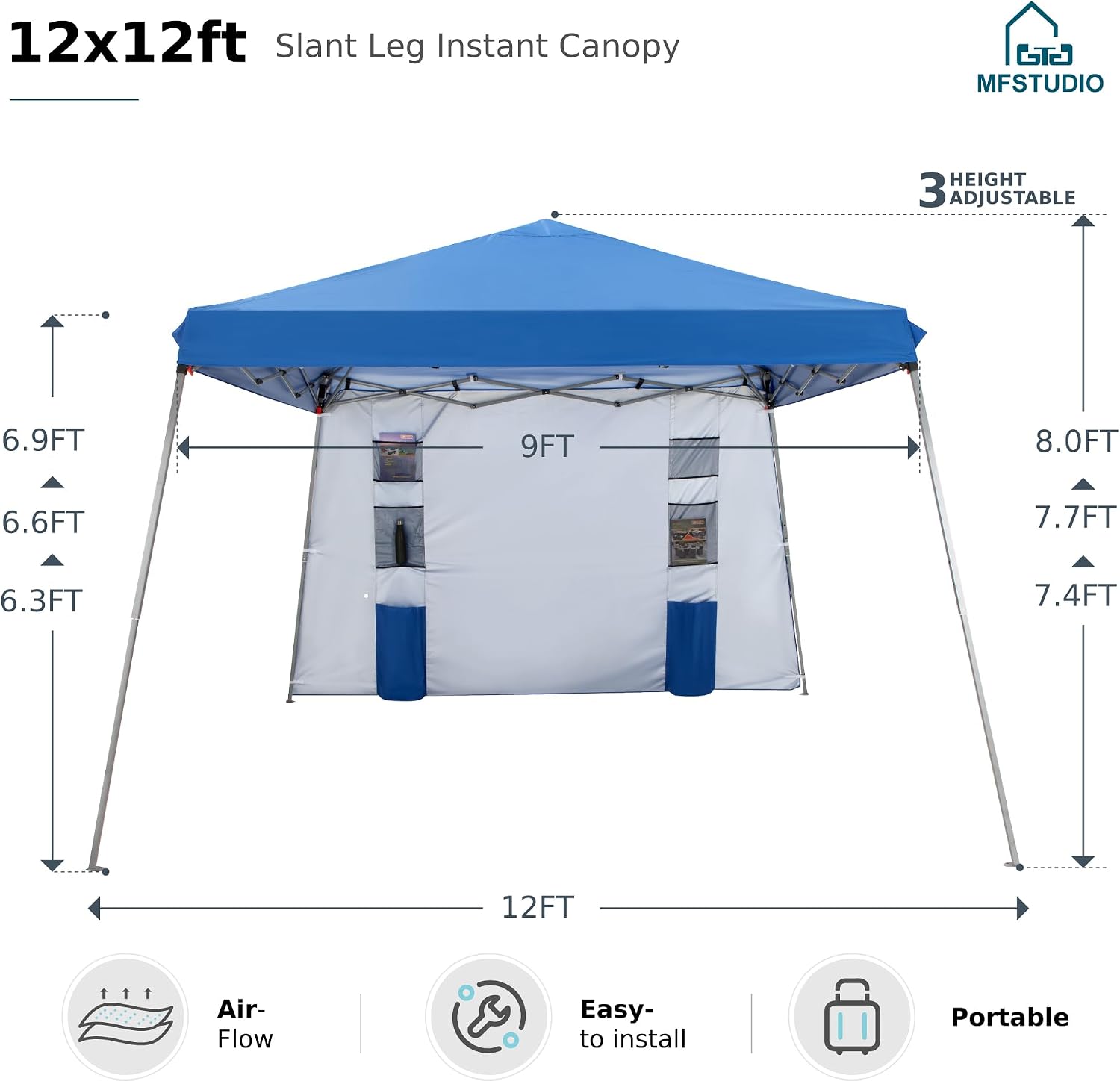 MFSTUDIO 12x12 Pop up Canopy Tent, Gazebo Shelter Sun Shade Canopies Patio Portable Popup Tents Easy Setup Waterproof with 9x9ft Top, 1 Sidewall, for Beach,Parties,Picnics