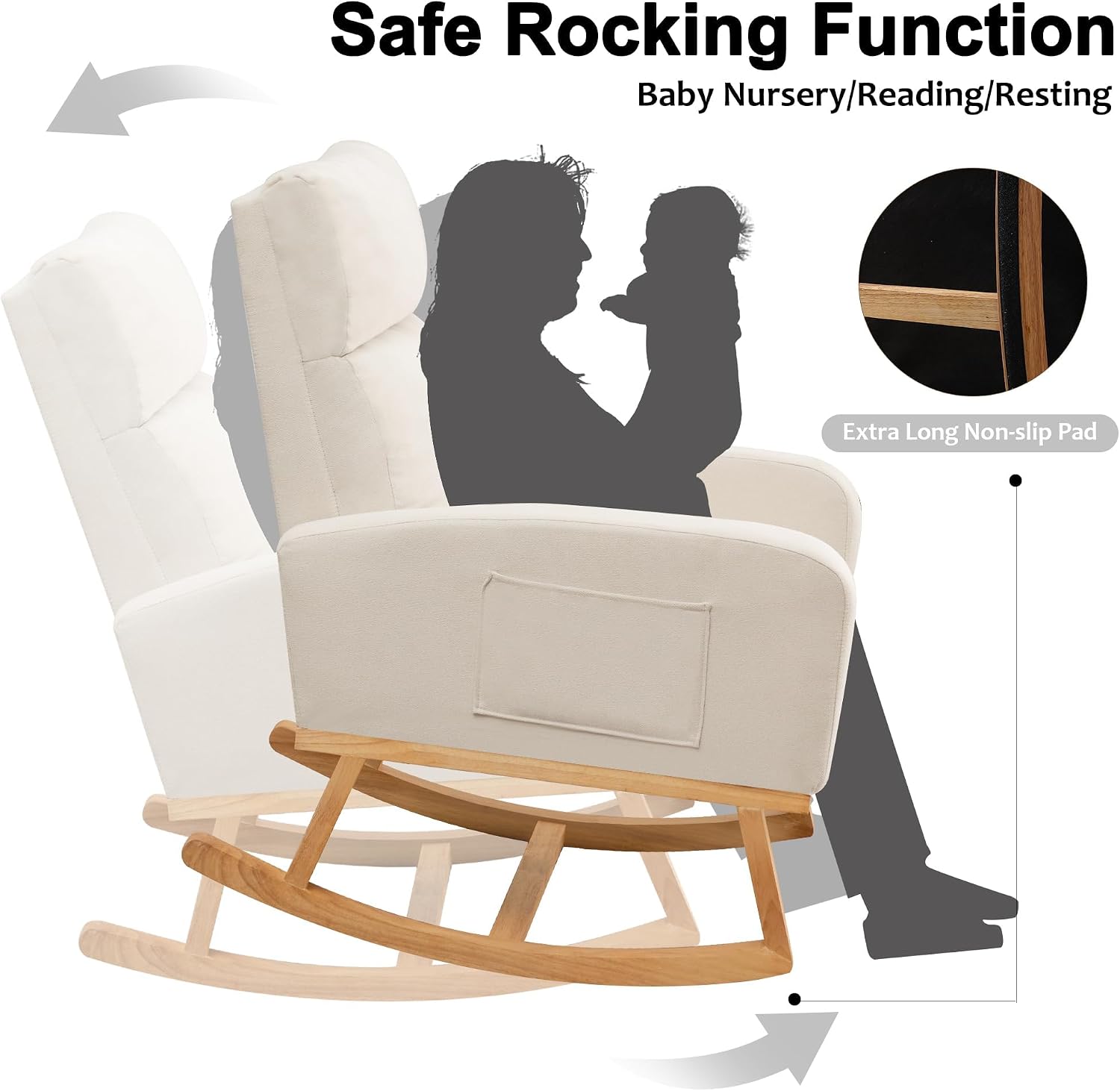 Rocking Chair Nursery, Upholstered Fabric Glider Rocking Nursing Chair with Extended Wood Legs & Side Pocket, Comfy Nursery Chair for Living Room, Bedroom, Beige