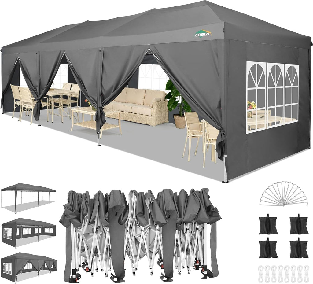 COBIZI 10x30 Pop Up Canopy with 8 Sidewalls for Parties Wedding Backyard, Waterproof Outdoor Commercial Event Shelter with Stakes, Ropes, Sandbags, Grey