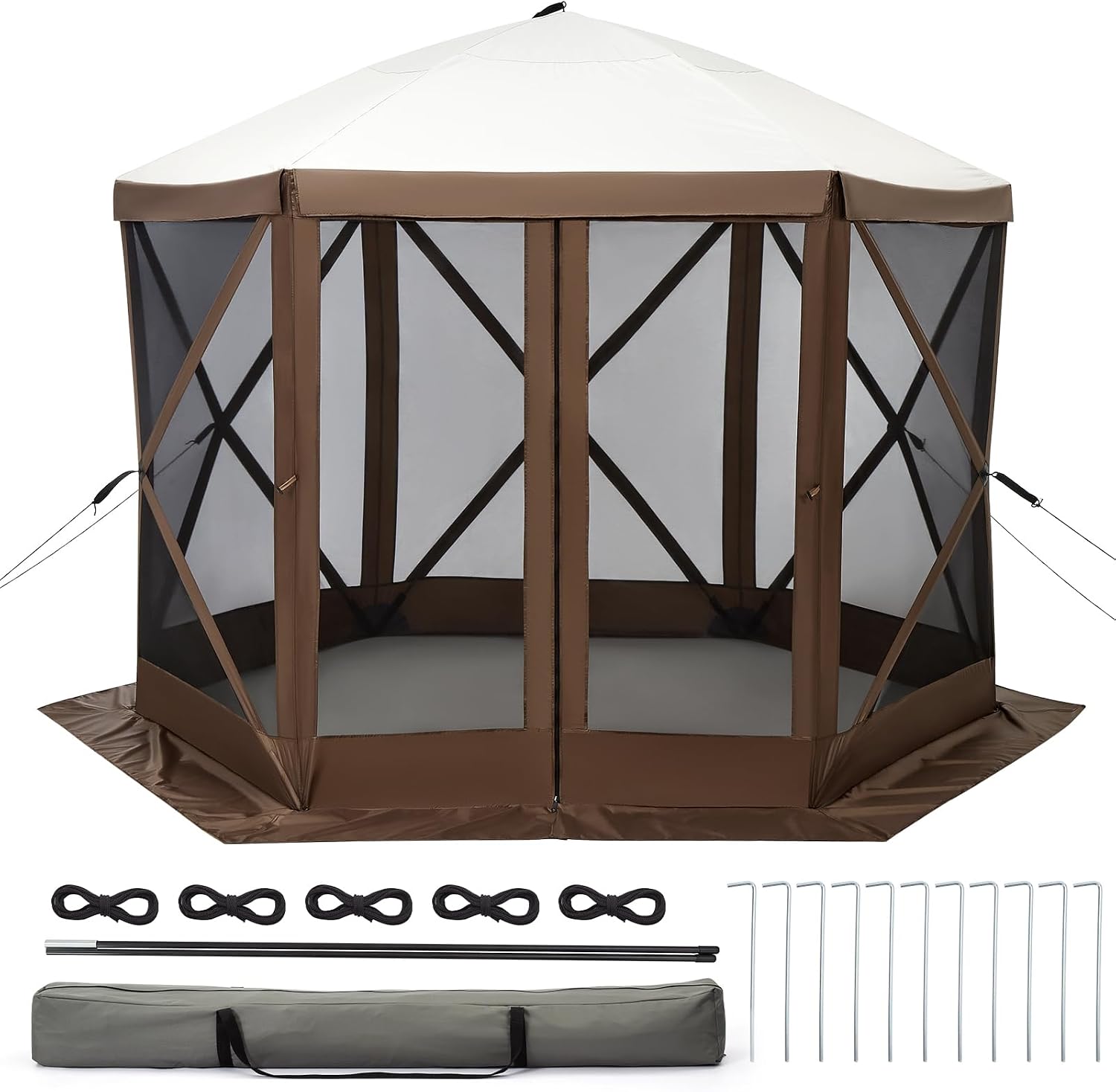 Hipicute 10x10ft Pop Up Gazebo Screen Tent with Mosquito Netting, 6 Sided Pop-Up Canopy Shelter Tent with Carrying Bag and Ground Stakes for Outdoor Camping, Lawn and Backyard