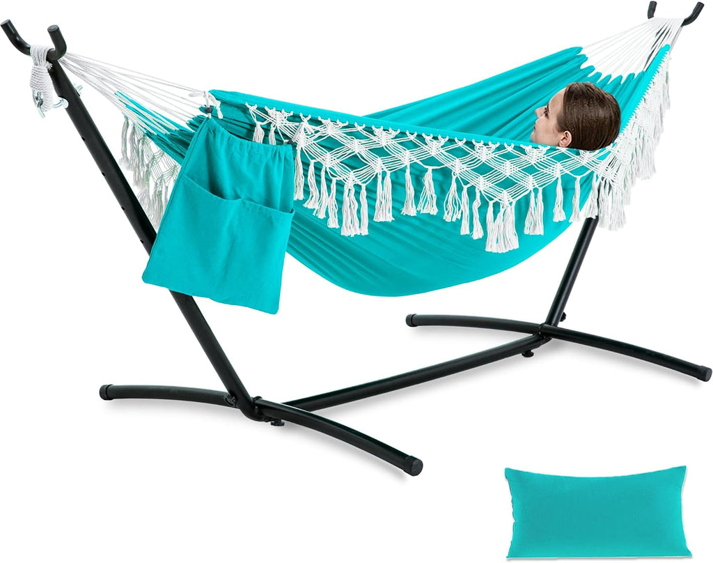 PNAEUT Handmade Tassel Hammocks, Double Hammock with Stand for Outside, Max 450 lbs Capacity, Pillow & Storage Bag Included (Aqua)
