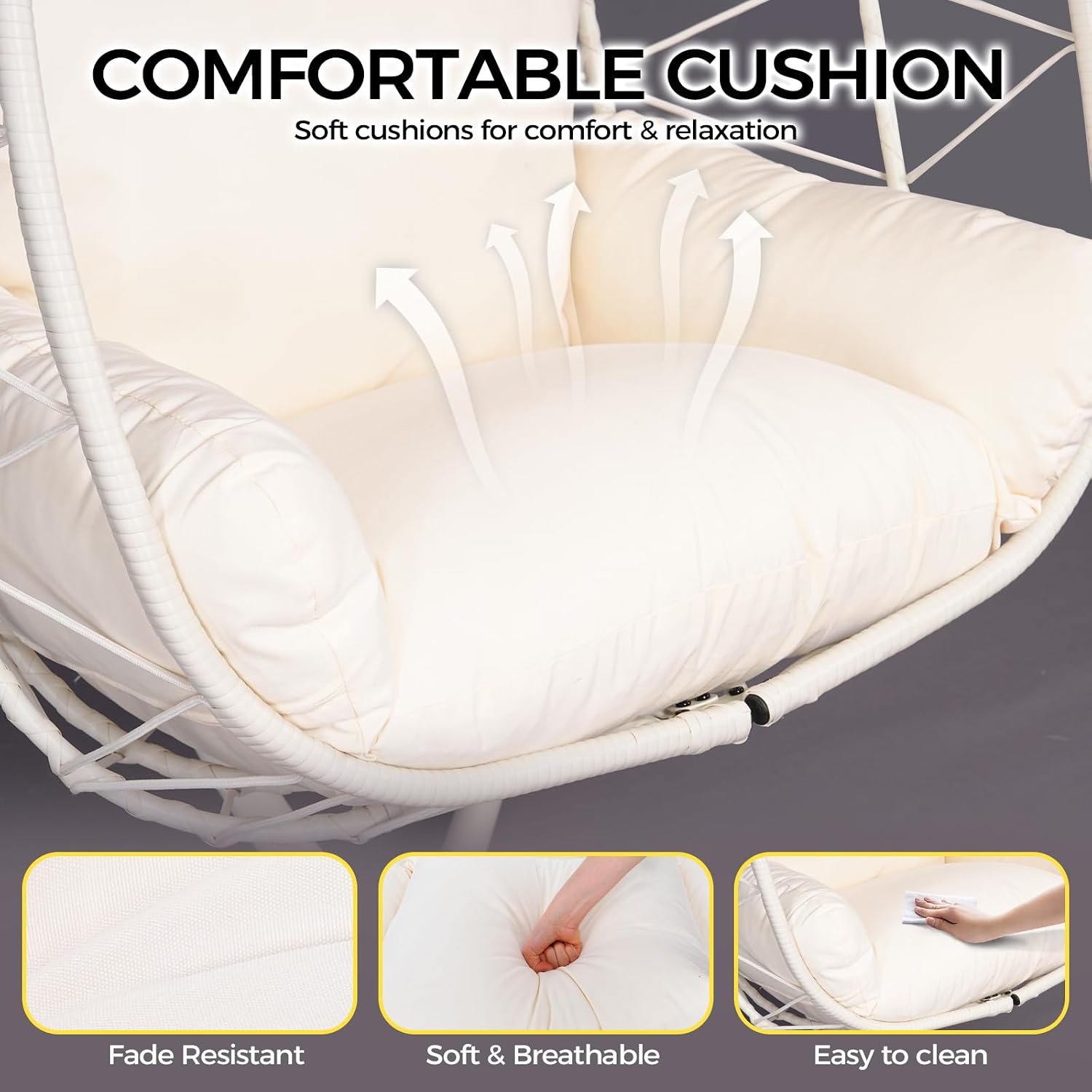 Egg Chair with Stand, Wicker Hanging Chair for Outdoor Patio, Cushioned Hammock Swing for Bedroom Garden Indoor/Outdoor, Double-Zipper Structure Hanging Egg Chair (White and White)
