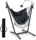 Giantex Hanging Swing with Stand - Hammock Chair with Phone Holder, Pillow, Storage Pocket, Carrying Bag, 6 Adjustable Height, Heavy Duty Metal Hammock for Patio Garden Yard, 550 lbs Capacity