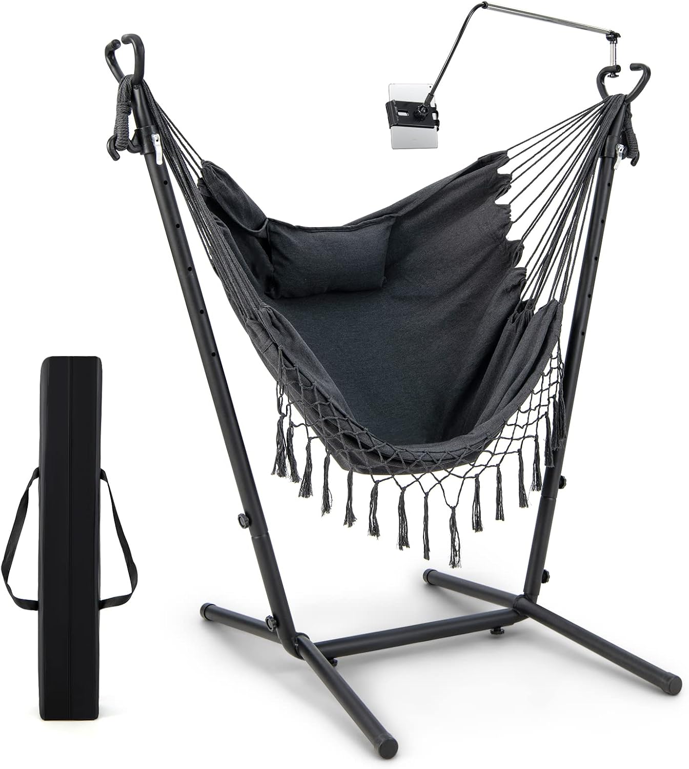 Giantex Hanging Swing with Stand - Hammock Chair with Phone Holder, Pillow, Storage Pocket, Carrying Bag, 6 Adjustable Height, Heavy Duty Metal Hammock for Patio Garden Yard, 550 lbs Capacity