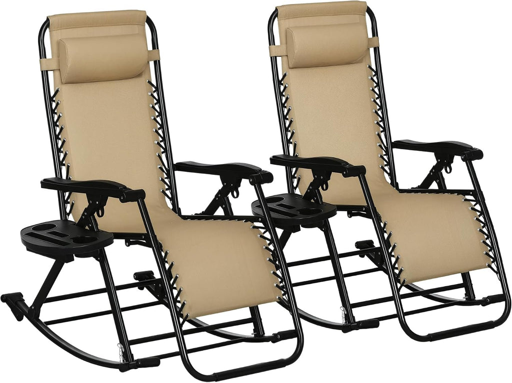 Outsunny Set of 2 Outdoor Rocking Chairs, Foldable Reclining Zero Gravity Lounge Rocker with Pillow, Cup & Phone Holder, Combo Design with Folding Legs, Beige