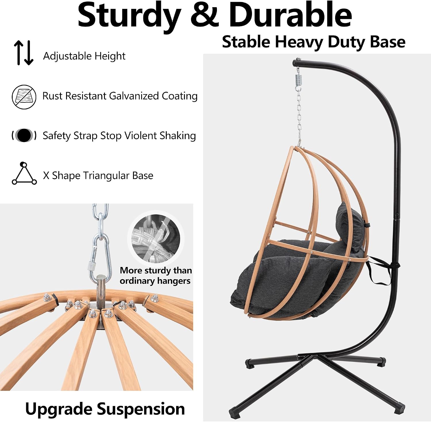 Egg Chairs Outdoor, Metal Hanging Egg Chair with Cushions, Heavy Duty 400LBS Imitation Wicker Egg Swing Chair with Stand, 80' H Hanging Chairs Cozy Basket Seat for Bedroom/Balcony, Charcoal