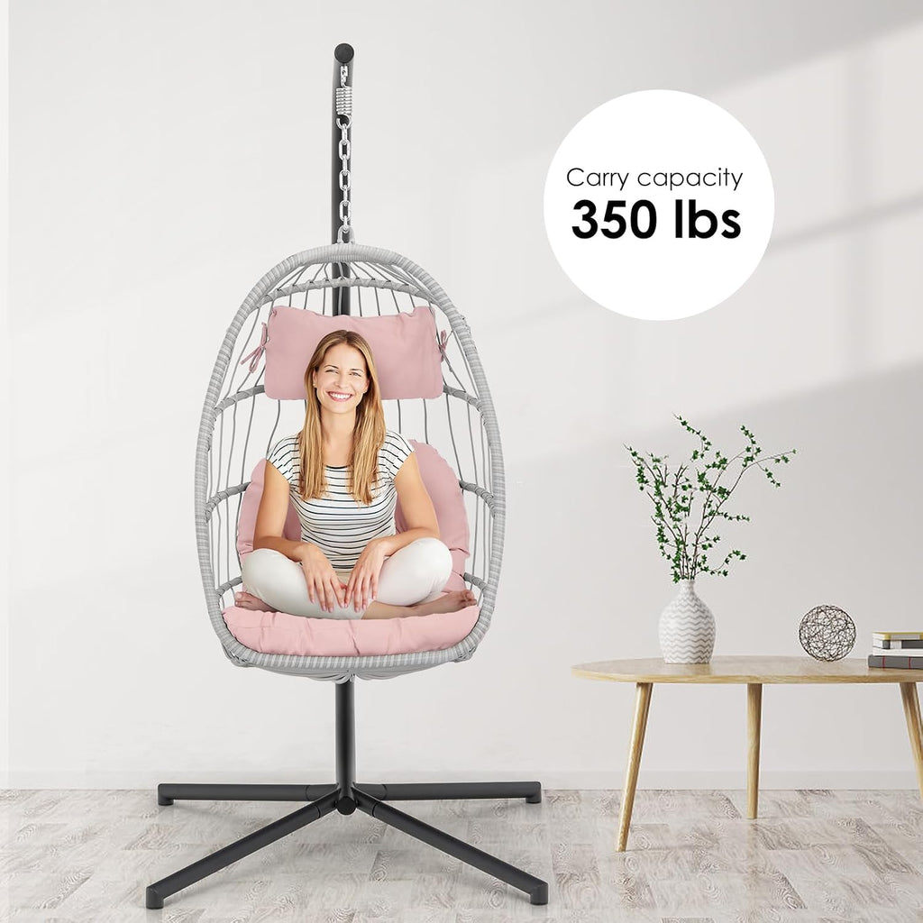 Hanging Egg Chair with Stand - Pink Swing Egg Chairs Wicker Rattan Hammock Chairs for Indoor Outdoor Bedroom Garden - Aluminum Steel Frame and UV Resistant Cushion 350LBS Capacity for Kids Adults