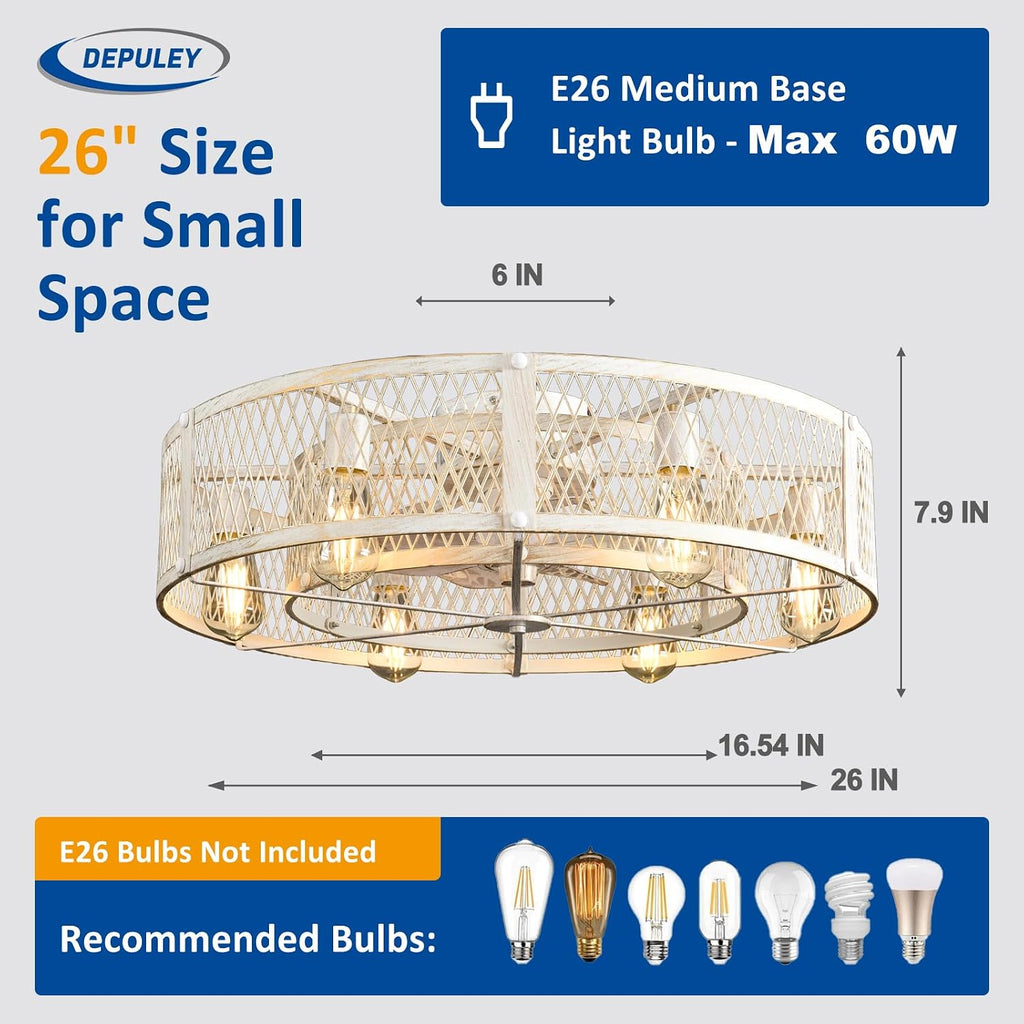 Depuley Flush Mount Ceiling Fan: 26' Caged Ceiling Fans with Lights and Remote Control for Kitchen Bedroom Farmhouse - Rustic Low Profile Ceiling Fandelier Lights Reversible 6 Speed Timer Cement
